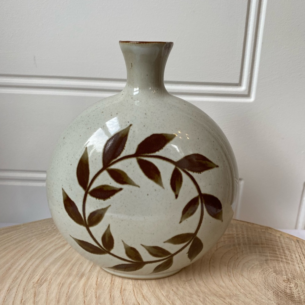 Dansk International Beige Pottery Vase Leaf Design Small Mouth Vintage Decor MCM